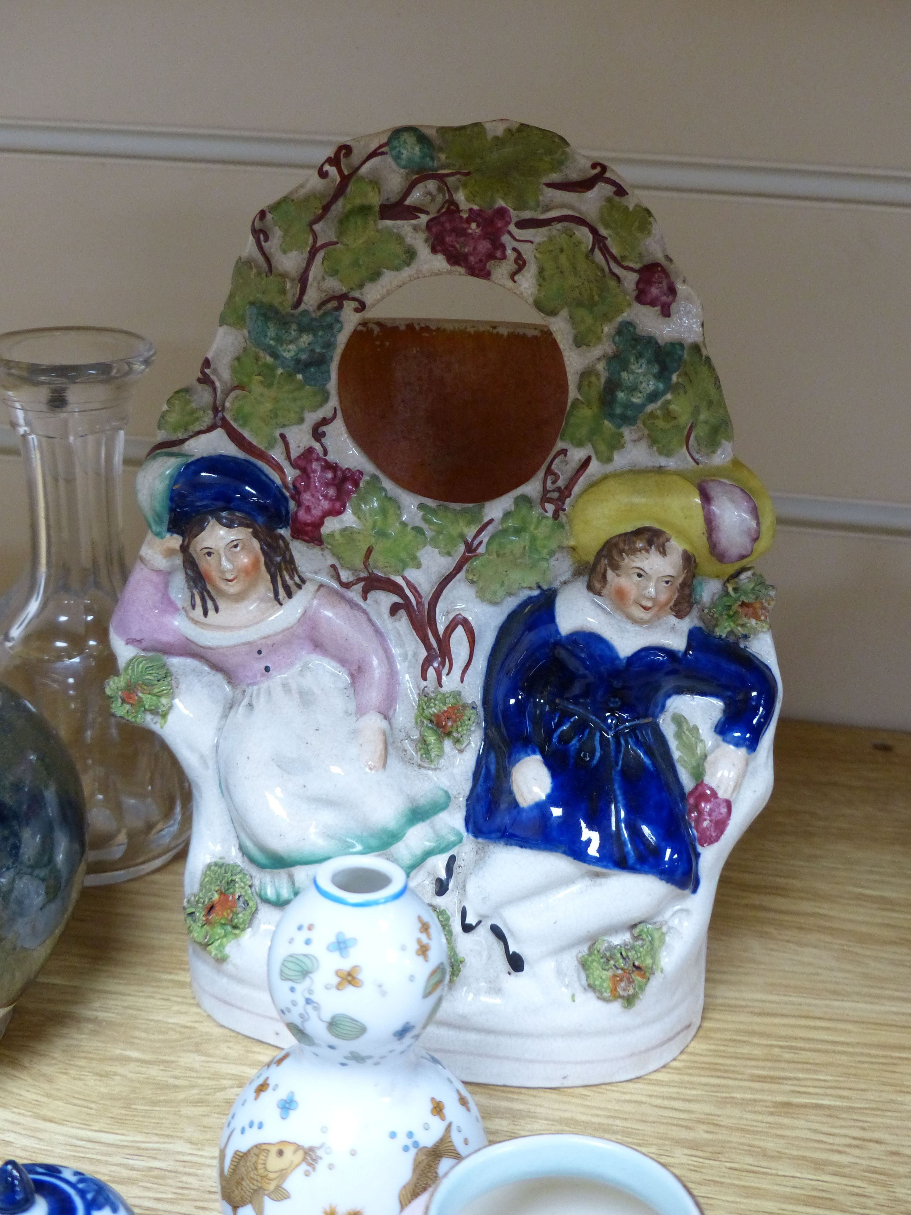 A group of ceramics including a Shelley cup and saucer, a Staffordshire flatback, a Wedgwood miniature bowl etc.